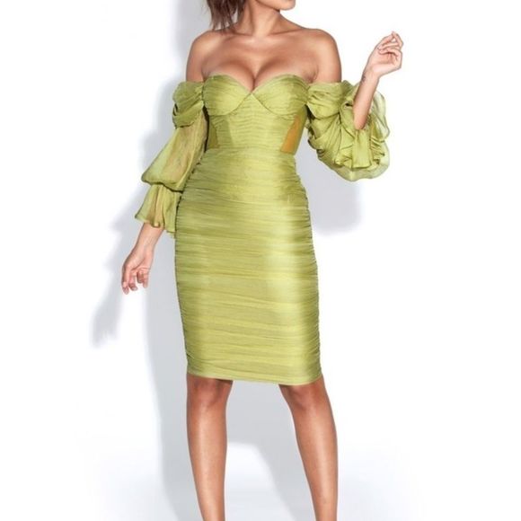 🔥Sirene Olive Silk Pleated Off Shoulder Dress - Picture 1 of 9